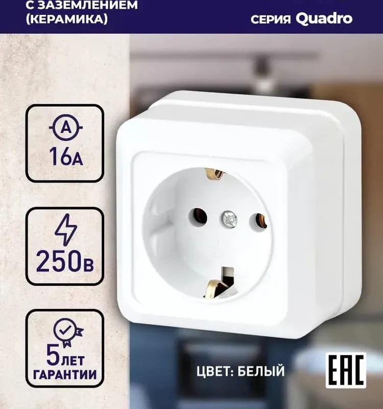 Розетка накладная с заземлением белая